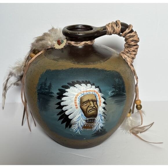Hand Painted Ceramic Jug Indian Chief Leather Straps Feathers & Beads 7.5"H - Picture 1 of 16
